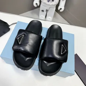 Soft padded nappa leather slippers slides Summer Platform Sandals shoes slip-on triangle logo flats sandal women luxury designers slides slipper factory footwear