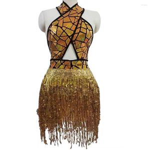 Scenkläder Magic Mirror Halter Sleeveless Tassel Sequined Dress Club Bar ovanför knä Showgirl Costum Latin Dance