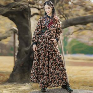 Vestidos casuais johnature feminino linho de algodão vintage vestido de manga longa impressão floral 2023 Autumn Style Style Roupas de moda de estilo nacional