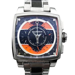 Mens Watch Square Chronograph Orange dial 44MM Motion Steel Two tone Black stap Quartz Wristwatch