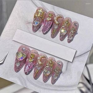 False Nails Customized Handmade Pink Glittery Fake Nail With Glue Y2K Detachable Tips Reusable Press On Coffin Manicure