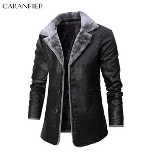 Men's Leather Faux Leather CARANFIER Men's PU Leather Jacket Male Winter Thick Long Style Fleece Coats Turn-down Collar Fur Lined Single Breasted Overcoat 230225