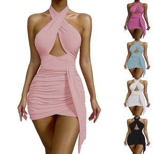 Strap halter dress cross shoulder 2023 Sexy temperament women's tight-fitting skirt hanging neck dress