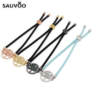 Связанные браслеты Sauvoo Fashion Black Braid веревка Crystal Hollow Round Tree Charms Slider Bracelet для женщин -ювелирных изделий для женщин