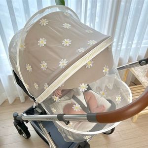 Crib Netting Baby Stroller Mosquito Net Mesh Breathable Full Cover Daisy Embroidery Gauze Sunshade Summer 230225