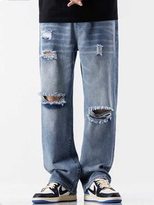 Jeans masculinos Jeans masculinos Americanos de pernas largas Jeans retos buracos rasgados Rua completa com jeans masculina de moda casual y2k roupas z0225