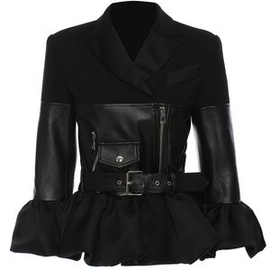 Женские куртки зимние женщины застегивают кожаные сплайсированные оборки черные высокие талии. Повседневное пальто 230225