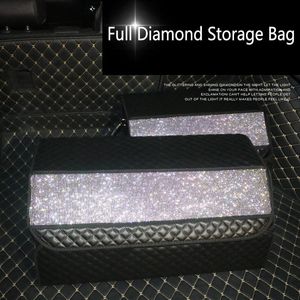 Bilarrangör Trunk Box Folding Storage Bag Diamond Pu Leather Organizer för biltillbehör Stullande städande väskor Kvinnor