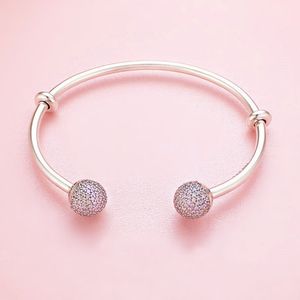 925 Sterling Silver Open Bangle Bracelet with Pink Cz Pave Ball Fits European Pandora Jewelry Charm