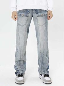 Jeans masculinos Gajie retro pesado de acabamento para lavar zíper ferramentas de ferramentas de jeans masculino estilo hip hop calça azul clara calça calça de jeans soltas z0225
