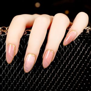 False Nails 24pcs Almond Design Acrylic Pink Marble Medium Sharp Stiletto Nail Art Kit DIY Finger Patch Salon Tips Z105