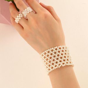 Charm Bracelets Full Pearls Weave Bracelet For Women Hollow Elastic Pearl Braided Bangles Rings Set Bride Jewelry Girls Fine Wedding