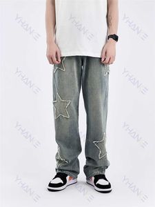Мужские джинсы уличный стиль голубые пентаграмма повседневные джинсы y2k в корейском стиле хип -хоп прямой джинсовая джинсы женские брюки бренд мужской Z0225