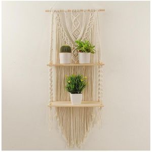 Tapissries 44x105cm 2-tier Macrame vägg hängande hylla med förbättrad fast trä bohemisk dekor inomhus planterare för badrum