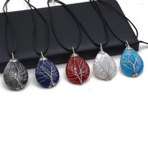 Anhänger Halsketten Naturstein Drache Achat Halskette Silber Farbe Draht Wickel Wasser Tropfen Baum des Lebens Schmuck für Damengeschenke
