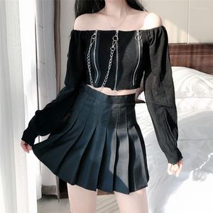 Women's T Shirts Goth T-Shirt Zip Up Crop Top Sexy Chains Women Off Shoulder Tees Long Sleeve T-shirts Gothic Girl Black White Vintage