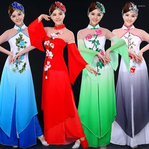 Stage Wear Design Woman Chinese Umbrella Fan Classical Folk Dance Costumes 4 Color Hanfu Yangko Clothing
