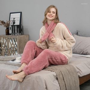 Pijamas de pijamas de tamanho de sono feminino pensam que mulheres vestidos de flanela dormem roupas casuais, pescoço redondo sólido, conjunto de pijama de comprimento completo