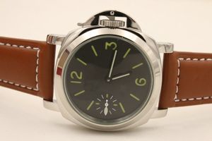 Relógio mecânico de corda manual masculino couro marrom 42 mm vidro traseiro relógio de pulso