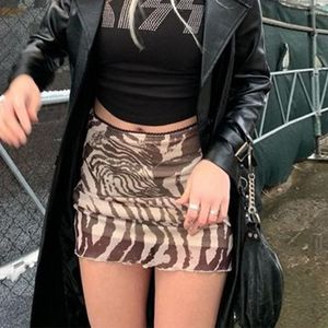 Skirts 90s Summer Women Mini Brown Skirt Mesh Tie Dye Animal Print Streetwear Harajuku Y2k Sexy Bodycon High Waist Drop