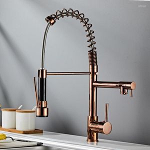 Kitchen Faucets All Copper Style Rose Gold High-pressure Pull-out Large Spring Double-outlet Sink And Cold Water Faucet