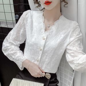 Blusa feminina blusa 2023 outono manga longa v colarinho espinho de camisa branca bordada olig feminino small método superior super imortal