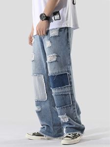 Men's Jeans Four Seasons Men's Jeans Streetwear Patchwork Embroidered Fringe Hip Hop Loose Denim Trousers Oversized Color Block Patchwork Z0225