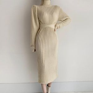 Casual Kleider Hohe Taille Elegante 2023 Warme Koreanische Dicke Rollkragenpullover Kleid Frauen Winter Gestrickte Frau Solide Femme Robe