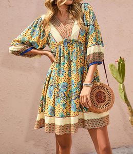 Casual Dresses Summer Bohemian Short Beach Dress Ethnic Style Floral Print V-Neck Puff Sleeve A-Line Mini For Women Vacation Swing