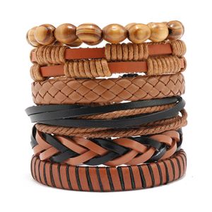 Mão de couro com corda artesanal trançada de madeira multicamada BraCelets Jóias Conjunto de jóias Bangle de decoração ajustável para homens