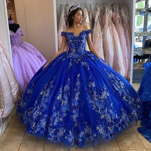 Royal Blue Quinceanera Abites Abito da ballo perline con paillettes dalla spalla Fiori fatti a mano Crystal Corset Sweet 15 Party Wear