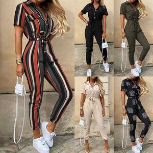 Summer Jumpsuit Womens Clothing Casual Polo Collar Printed Belt Cargo Overalls