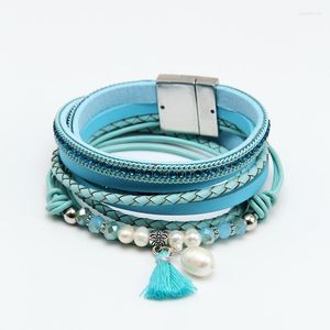 Charm Bracelets Braid Leather Bracelet For Women Fashion Magnetic Buckle Multilayer Wrap Pearl Crystal Tassel Bangle Jewelry Gift