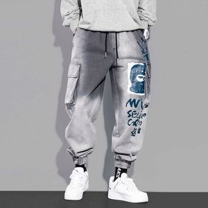 Męskie spodnie houzhou graffiti dżinsy ładunkowe dżinsy spodnie drukuj dżinsowe spodnie męskie harajuku jesienne niebieskie koreańskie koreańskie streetwear hip hippie 5xl Z0225