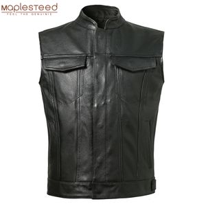 Erkekler Yelekler Klasik Motosiklet Biker Deri Yelek Erkekler Gerçek Kolsuz Ceketler 100 Gerçek Cowhide Sheepskin Asya Boyut S 6XL M232 230225