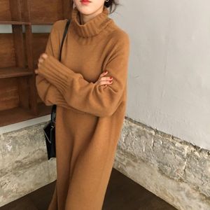 Casual Dresses Chic Soft Cashmere Dress Women Winter Autumn Tall Neck Oversized Long Woolen Vestido Ladies Long-sleeve Knitwear