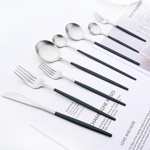 Dinnerware Sets Green Silver Set Stainless Steel Cutlery Dinner Flatware Spoon Fork Knife Long Tableware Kitchen Silverware