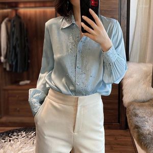 Kadın bluzları moda moda ağır bluz kadın 2023 bahar tırnak inci matkap gömlek çok yönlü dip