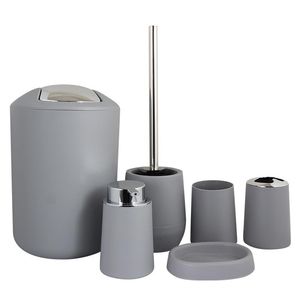 Bad-Zubehör-Set, Kunststoff, Badezimmer-Zubehör, 6 Stück/Set, Toilettenbürste mit Zahnbürstenhalter, Tasse, Weiß, Schwarz, Grau