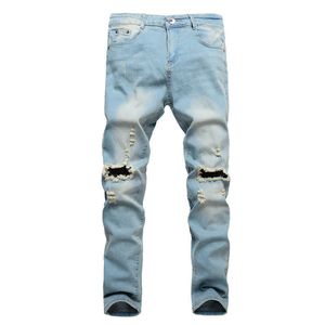 Mäns jeans plus storlek 2836 bomull ljusblå män jeans stretch förstörda rippade design mode magra jeans för män z0225