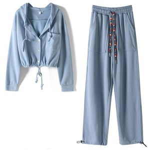 Gym Clothing Sports Outer Suit 2023 Autumn Leisure Korean Version Loose Long-sleeved Sweater High-waist Wide-leg Pants Two-piece