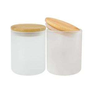 Sublimación en blanco Frascos de velas de vidrio esmerilado con tapas de bambú para hacer velas Latas de velas vacías de 7 oz