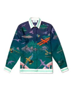 23ss ny casablanca hawaii strandskjorta män och kvinnor ny siciliansk ö blomma och fågel tryck silk hawaiian mode långärmad skjorta