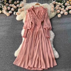 V-neck Waist Bandage Big Casual Dresses Swing Fashion Trend Ladies Long-sleeved Dress Loose Pink Robe Petal Sleeve Clothing 2023 Summer