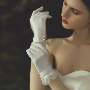 Cinco dedos luvas elegante branco casamento vintage pérolas malha curta noivas dama de honra acessórios de casamento