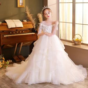 Printage Princess Flower Girls Dresses Lace Crystal Badyed Ocidental para Weddings Ball vestido de bola de concurso vestidos de comunhão 2023