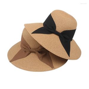 Wide Brim Hats Women Summer Bow Straw Hat Beach Sun Female Girls Elegant Bowknot Sunhat Foldable Sunshades Cap Lady Panama HatWide