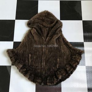 Women's Fur & Faux SJ467 Classic Mexico Brazil Russia Design Fashion Top Quality Knitted Mink Overcoat Poncho With Hood