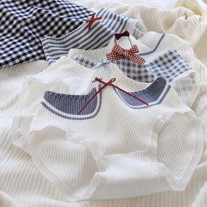 Women's Panties Lolita Campus Style Blue And White Striped Bow Tie Plaid Cotton Cute Crotch Ladies