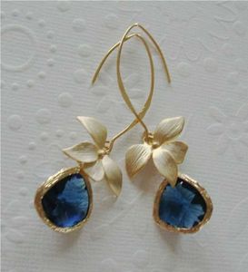 Charm Fashion Yellow Gold Color Flower Blue Crystal Drop Dangle Earrings for Women Engagement Wedding Anniversary Gift G230225